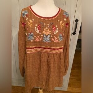 Andree By Unit Women's Top Boho‎ Embroidered Size Small Relaxed Rust Brown